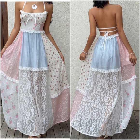Dresses & Skirts - Pastel Patchwork Lace Maxi Dress in Pink & Blue